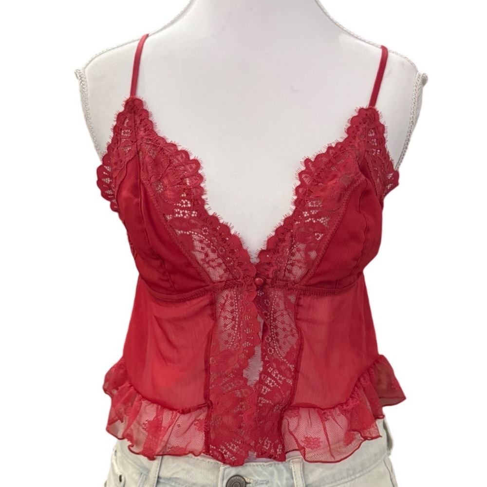 Auden Red Lace Mesh Camisole Sheer Ruffle Babydoll Top Coquette Size M